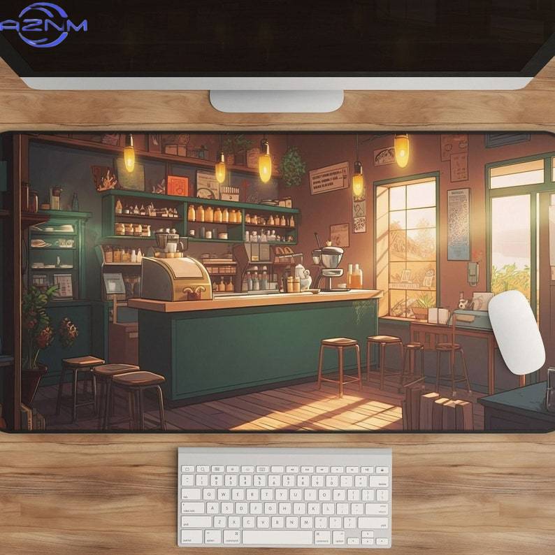 Gaming Accessories Shop - かわいいアニメデスクマット コーヒーショップアート XL ゲーミングデスクパッド おしゃれなテーブルマット キュートなオフィス用マウスパッド